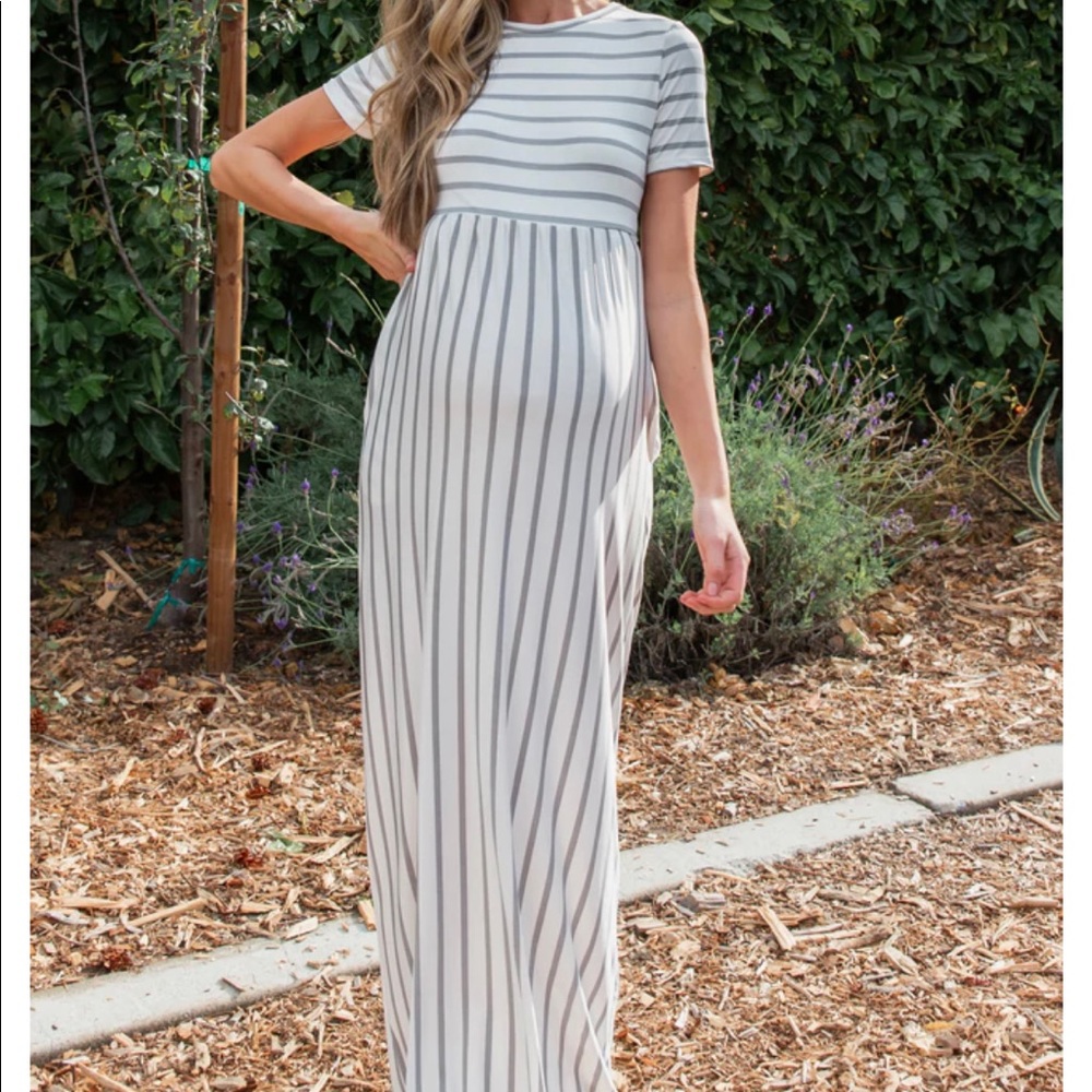 Pinkblush White and Gray Striped Maternity Maxi Dress